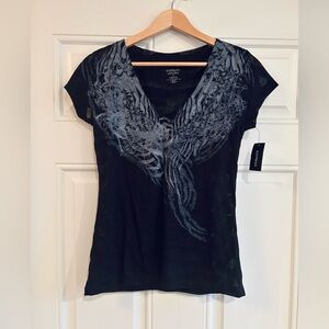 Express Sheer Black Graphic V-Neck Tee NWT